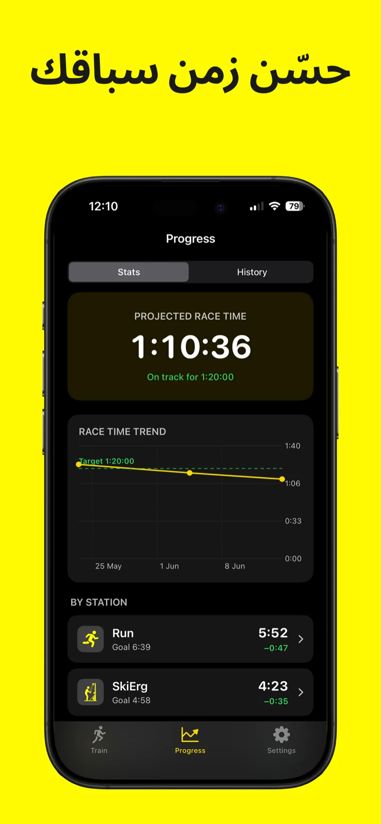 حسّن زمن سباقك — تطبيق Hyrox Workout & Timer يعرض سجل الجلسات الكامل مع أزمنة التقسيم لكل محطة