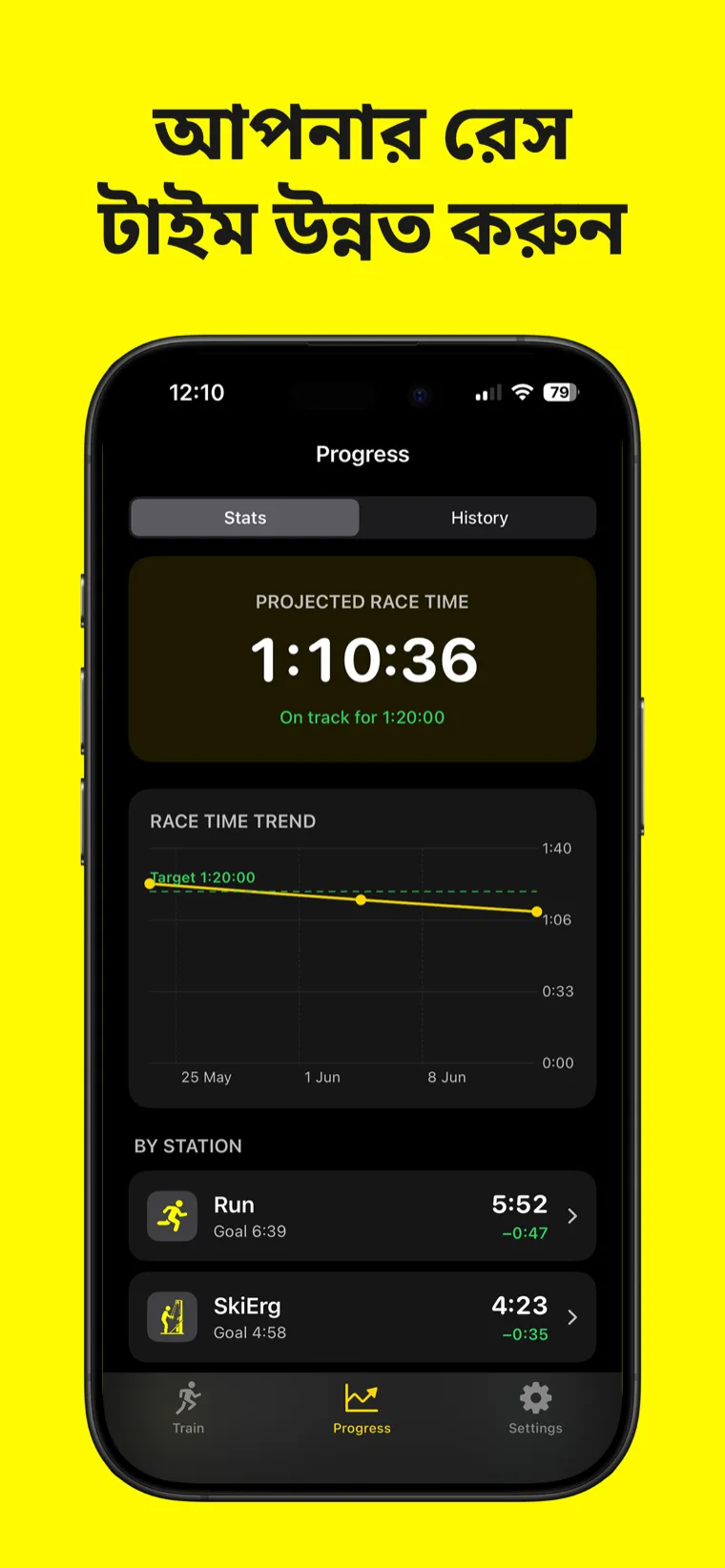 আপনার রেস টাইম উন্নত করুন — Hyrox Workout & Timer অ্যাপে প্রতিটি স্টেশনের স্প্লিট টাইম সহ সম্পূর্ণ সেশন ইতিহাস দেখানো হচ্ছে