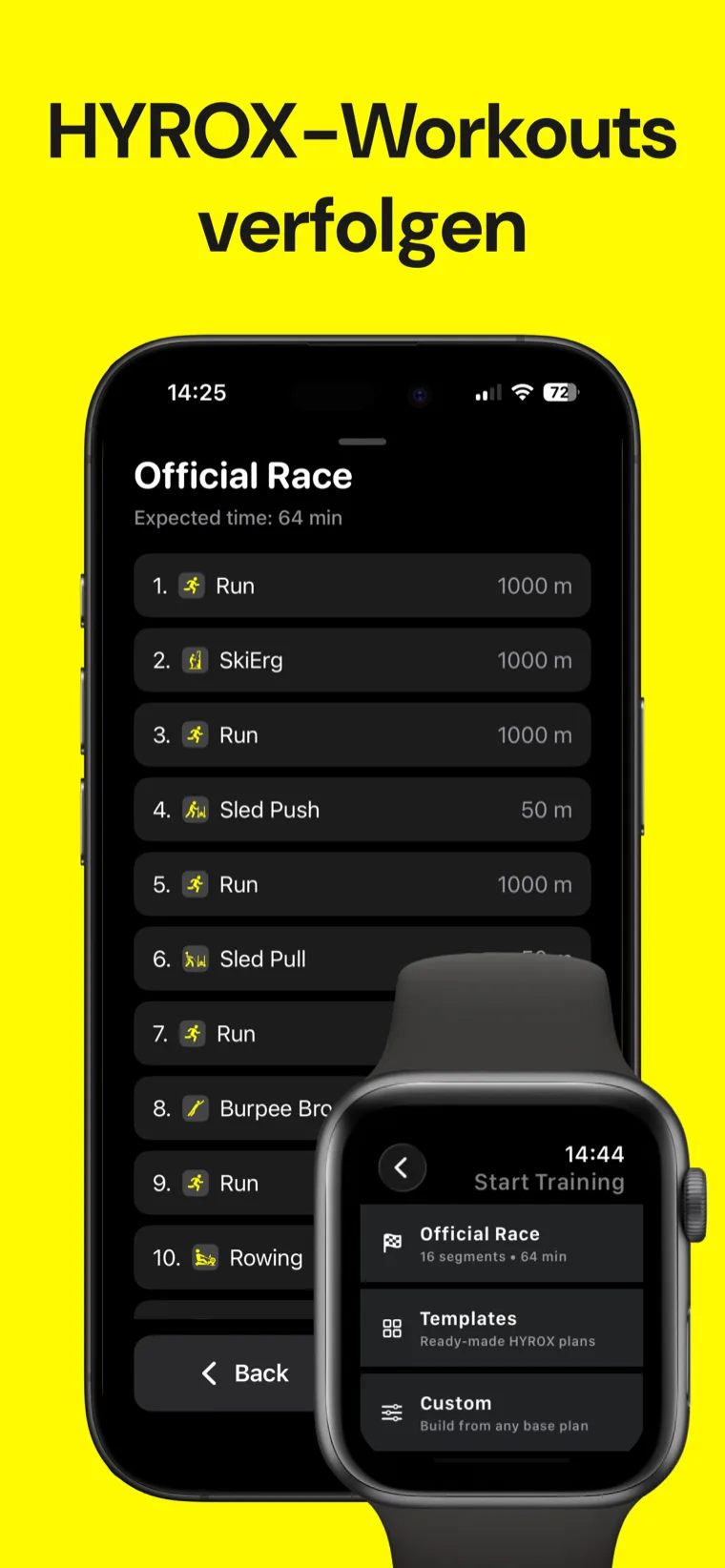 HYROX-Workouts verfolgen — Hyrox Training: Schweiß auf dem iPhone, das den Live-Session-Timer während einer Station zeigt