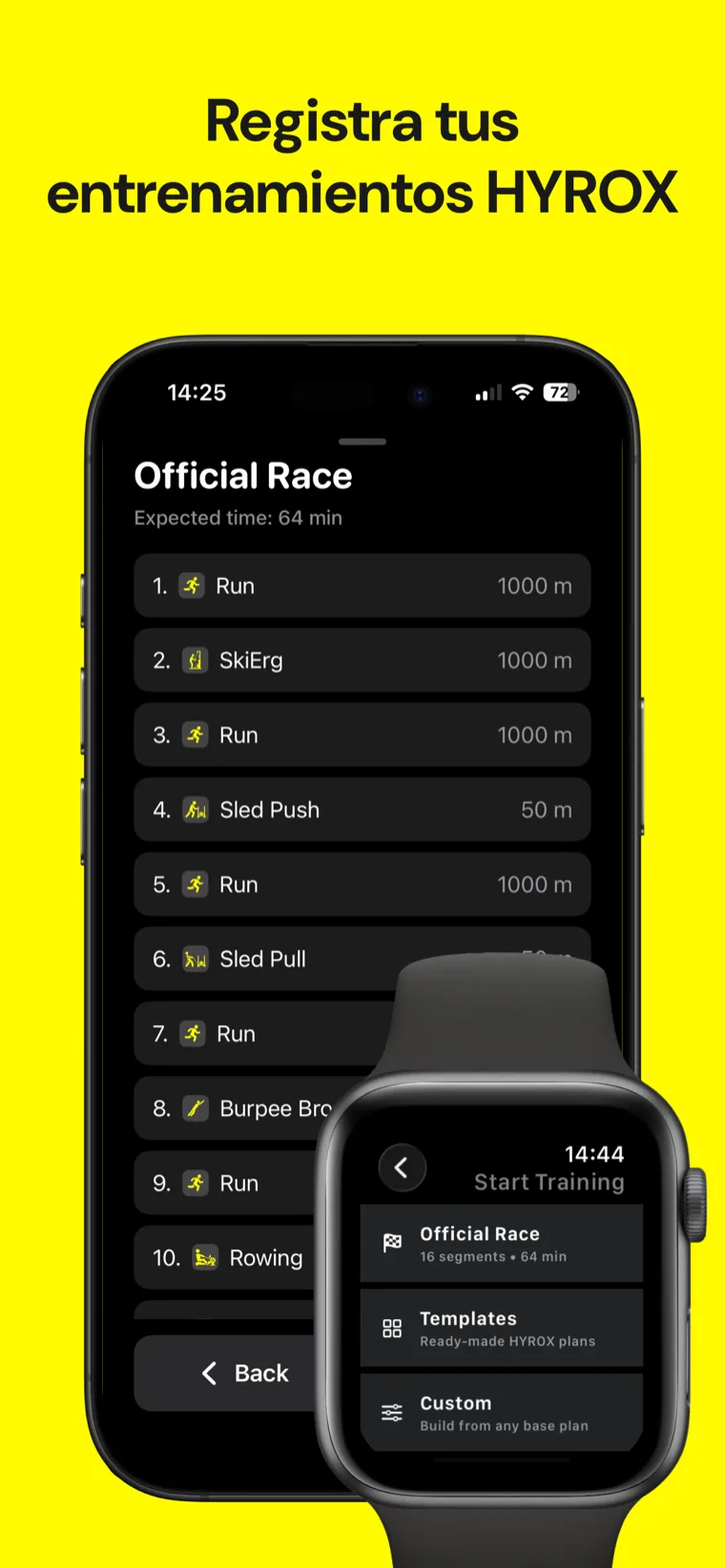 Registra tus entrenamientos HYROX — Hyrox Entreno: Sudor en iPhone mostrando el temporizador en vivo durante una estación