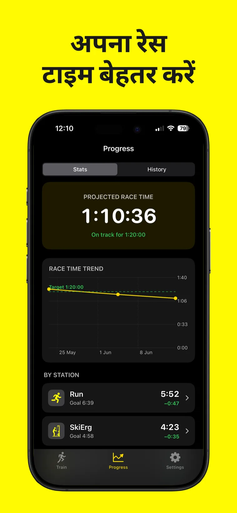 अपना रेस टाइम बेहतर करें — Hyrox Workout & Timer प्रत्येक स्टेशन के लिए स्प्लिट टाइम के साथ पूर्ण सेशन हिस्ट्री दिखा रहा है