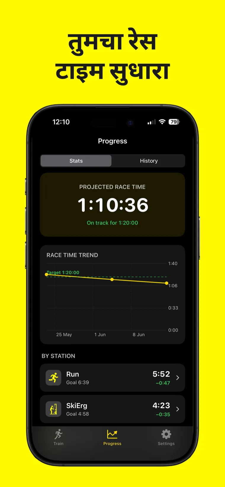 तुमचा रेस टाइम सुधारा — Hyrox Workout & Timer प्रत्येक स्टेशनसाठी स्प्लिट टाइमसह पूर्ण सत्र इतिहास दाखवत आहे
