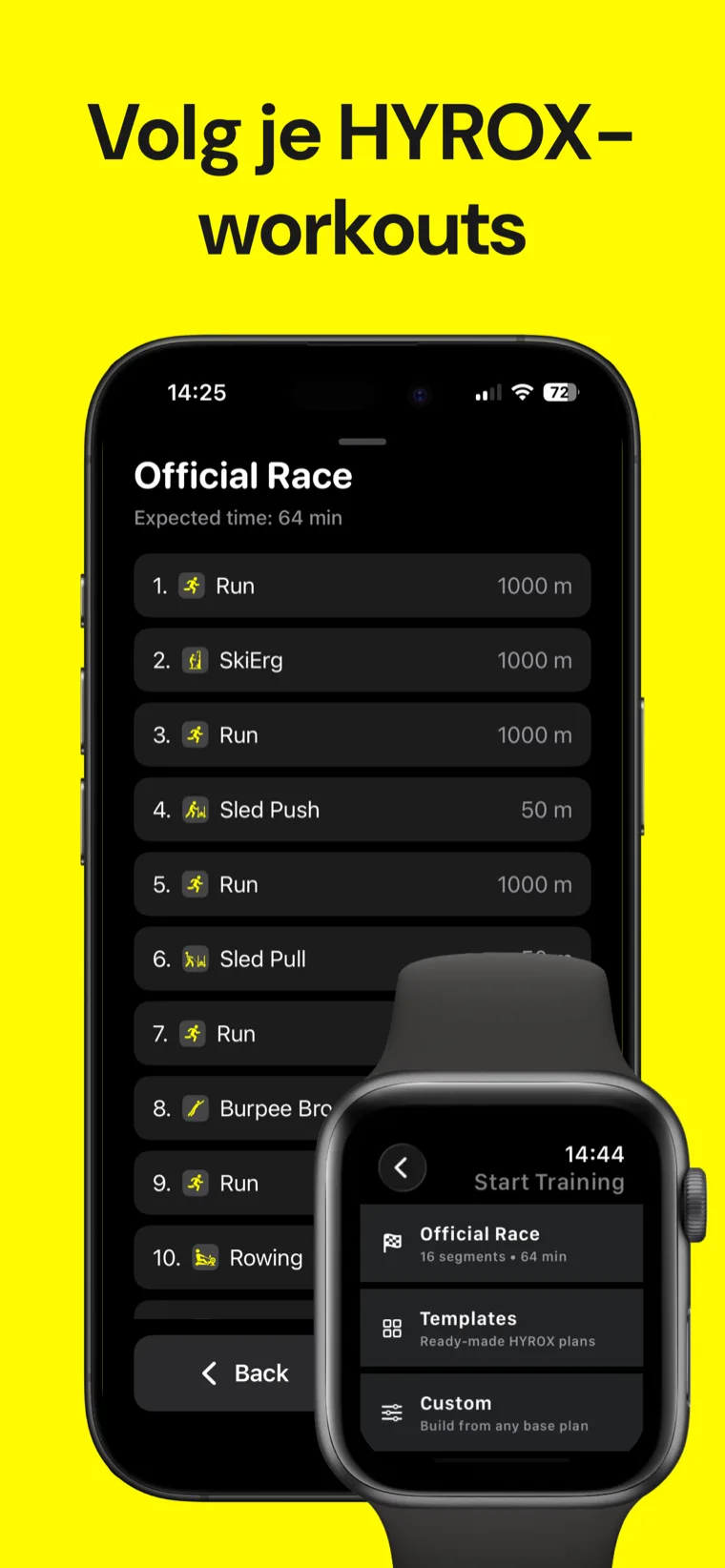 Volg je HYROX-workouts — Hyrox Training: Zweet op iPhone met de live sessietimer halverwege een station
