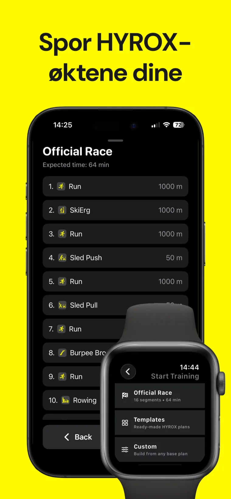 Spor HYROX-øktene dine — Hyrox Trening: Svette på iPhone viser direktetidtakeren midt i en stasjon