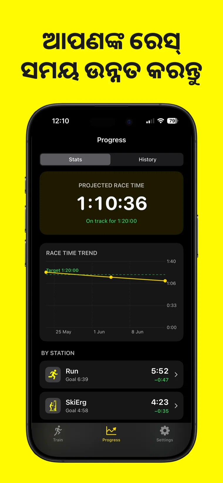 ଆପଣଙ୍କ ରେସ୍ ସମୟ ଉନ୍ନତ କରନ୍ତୁ — Hyrox Workout & Timer, ପ୍ରତ୍ୟେକ ଷ୍ଟେସନ ପାଇଁ ସ୍ପ୍ଲିଟ୍ ସମୟ ସହିତ ସମ୍ପୂର୍ଣ୍ଣ ସେସନ୍ ଇତିହାସ ଦେଖାଉଛି।