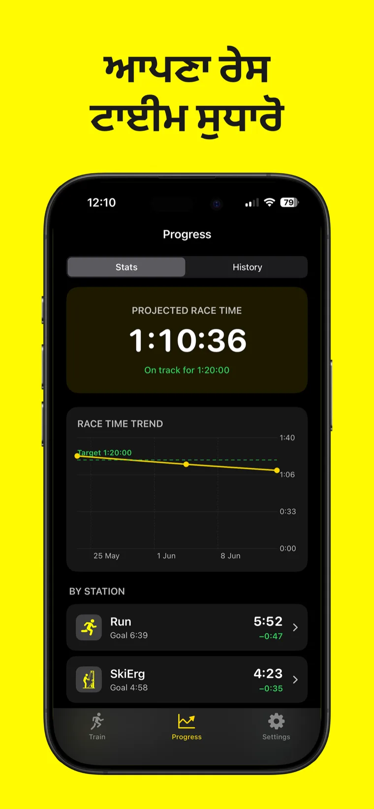 ਆਪਣਾ ਰੇਸ ਟਾਈਮ ਸੁਧਾਰੋ — Hyrox Workout & Timer ਹਰ ਸਟੇਸ਼ਨ ਲਈ ਸਪਲਿਟ ਟਾਈਮਾਂ ਨਾਲ ਪੂਰੀ ਸੈਸ਼ਨ ਇਤਿਹਾਸ ਦਿਖਾ ਰਿਹਾ ਹੈ।